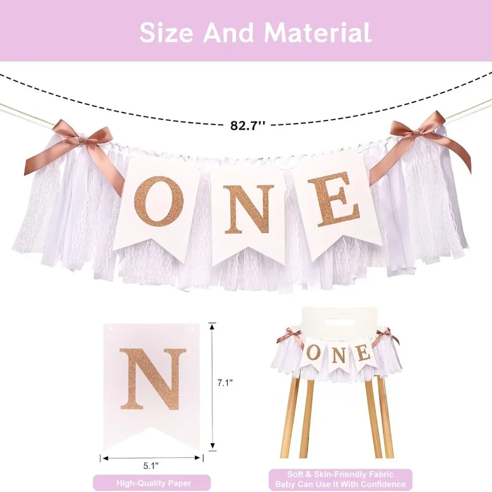 1st Highchair Banner,Rose Gold,Blush&White First Birthday Highchair Banner,One Y
